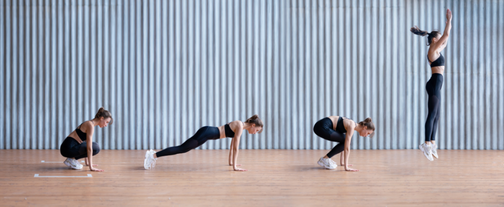 Stills of a woman doing the 4 stages of a burpee